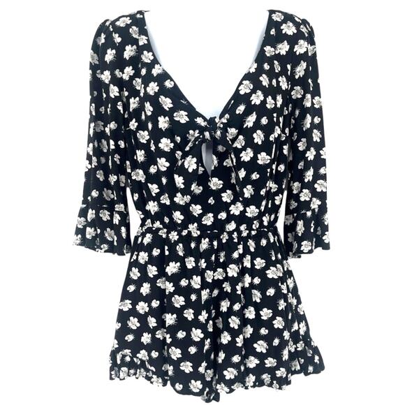 Abercrombi & Fitch Boho Floral Romper Sz S Indie Cottagecore Romantic Ruffle Tie - Picture 1 of 12